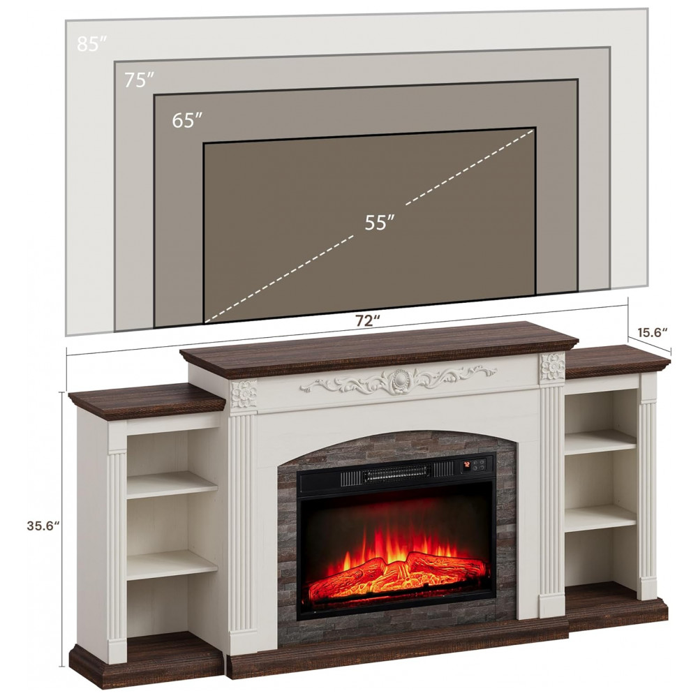 Lareira Elétrica YANSNWO 183x96cm 1400W TV Stand 6 Prateleiras Branco 110V