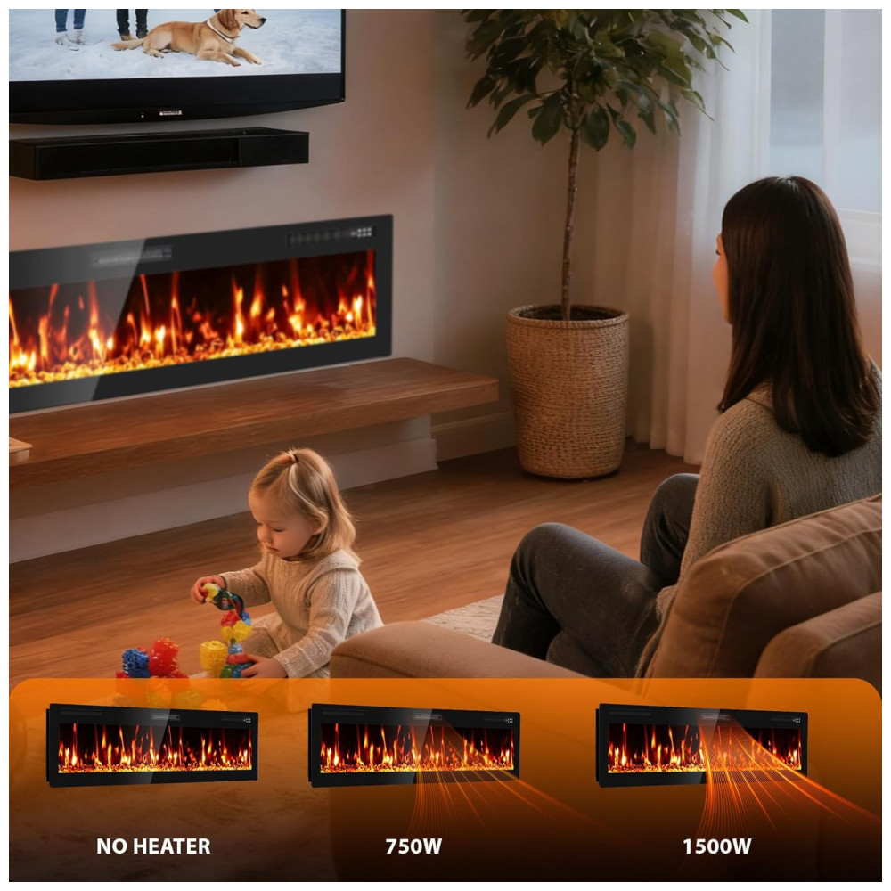 Lareira Elétrica BreezehHeat 183x46cm 1500W Chamas LED 12 Cores Embutir 110V