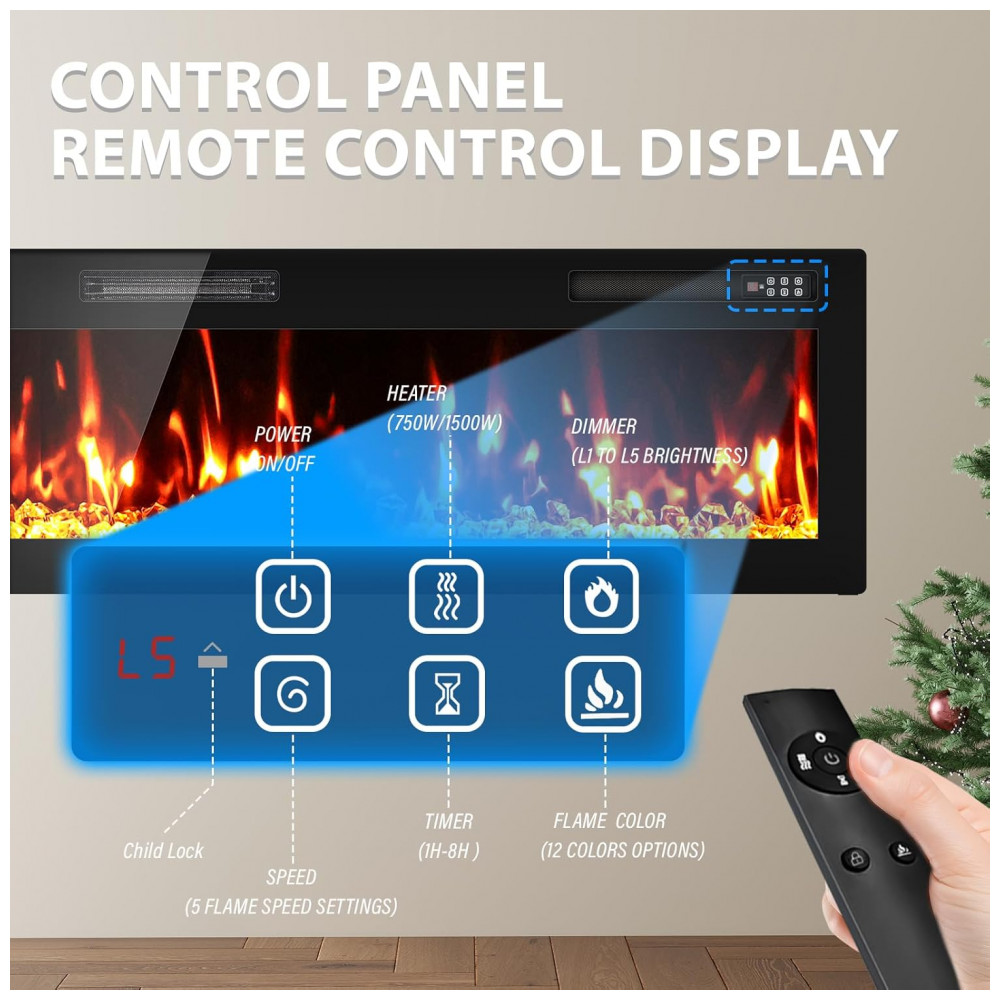 Lareira Elétrica BreezehHeat 183x46cm 1500W Chamas LED 12 Cores Embutir 110V