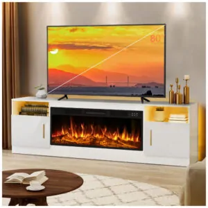 Rack TV Lemberi 178x59cm Lareira Elétrica 1500W Chamas 3D LED Branco 110V