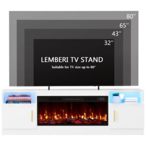 Rack TV Lemberi 178x59cm Lareira Elétrica 1500W Chamas 3D LED Branco 110V