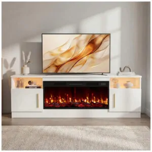 Rack TV Lemberi 178x59cm Lareira Elétrica 1500W Chamas 3D LED Branco 110V