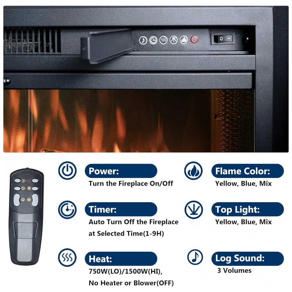 Lareira Elétrica Velaychimney 90x54cm 1500W Chamas LED Som Embutir 110V