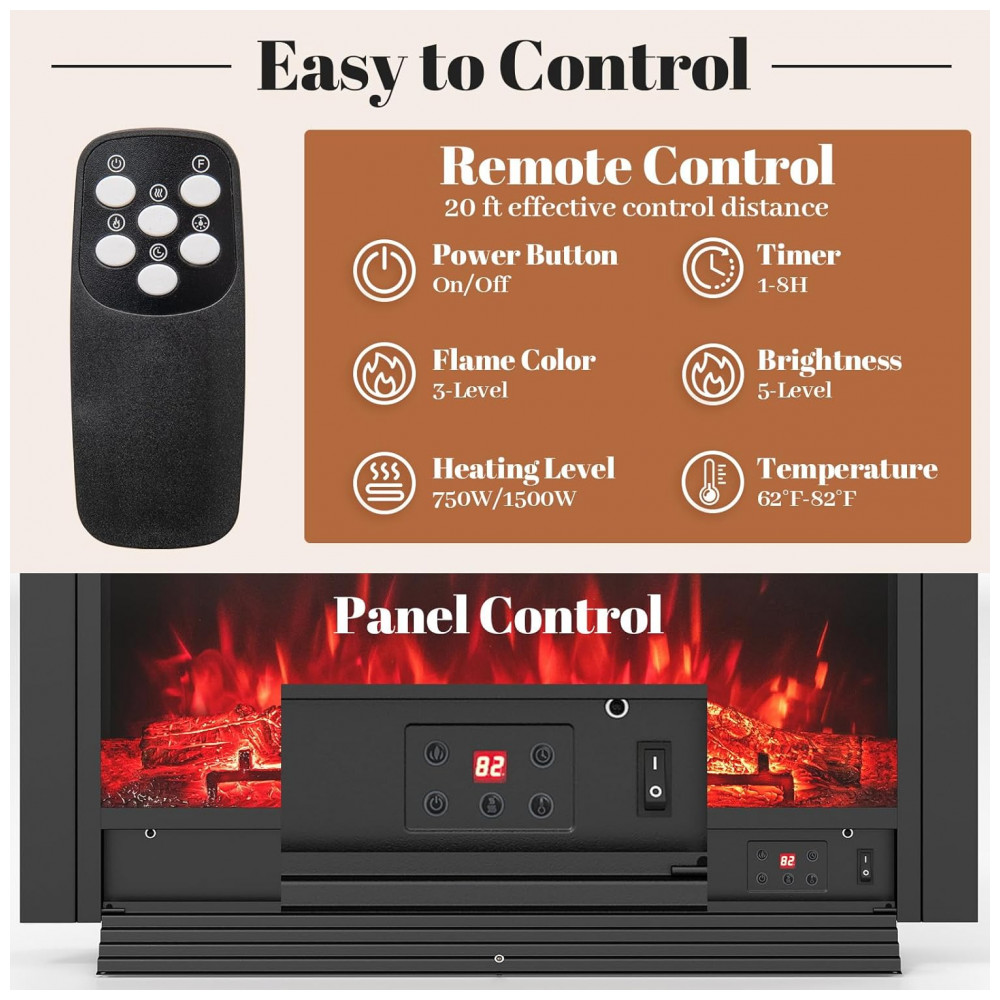 Lareira Elétrica Giantex 91x53cm 1500W Chamas LED Timer Embutir 110V