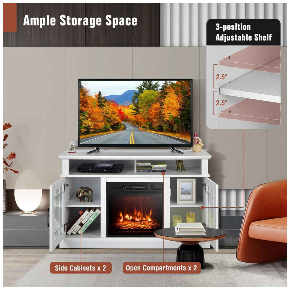 Rack TV Lareira Elétrica GOFLAME 122x76cm 1400W 55pol Chamas LED Branco 110V