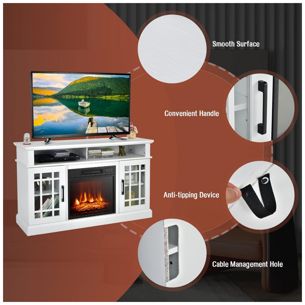 Rack TV Lareira Elétrica GOFLAME 122x76cm 1400W 55pol Chamas LED Branco 110V