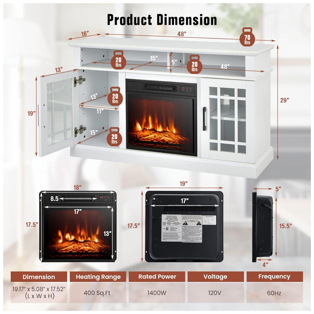 Rack TV Lareira Elétrica GOFLAME 122x76cm 1400W 55pol Chamas LED Branco 110V
