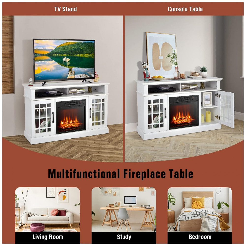 Rack TV Lareira Elétrica GOFLAME 122x76cm 1400W 55pol Chamas LED Branco 110V