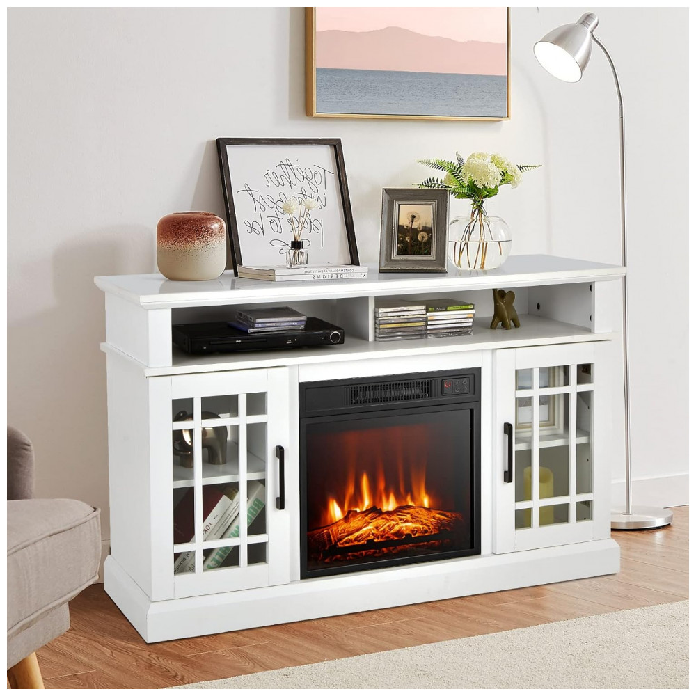 Rack TV Lareira Elétrica GOFLAME 122x76cm 1400W 55pol Chamas LED Branco 110V