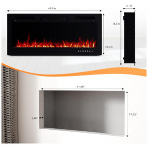 Lareira Elétrica ROVSUN 107x47cm 1500W 12 Cores LED Cristais Embutir 110V