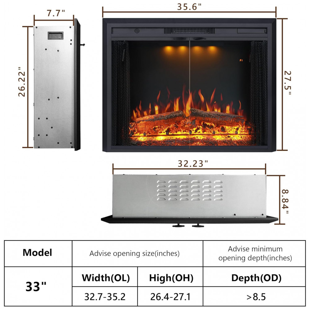 Lareira Elétrica Valuxhome 91x70cm 1500W Chamas 3 Cores Timer Embutir 110V