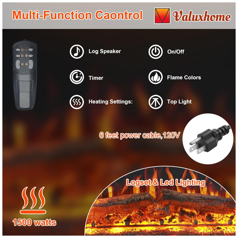 Lareira Elétrica Valuxhome 91x70cm 1500W Chamas 3 Cores Timer Embutir 110V