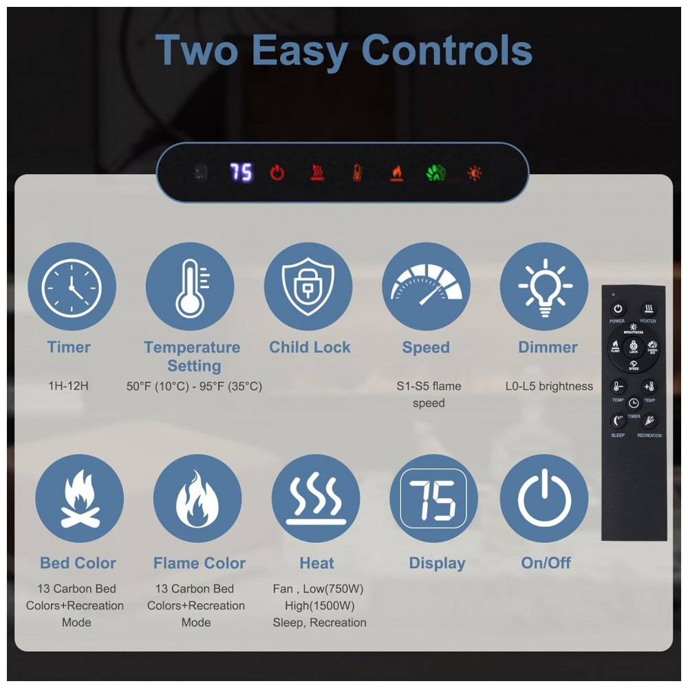 Lareira Elétrica DUMOS 107x46cm 1500W 13 Cores Chamas Touch Embutir 110V