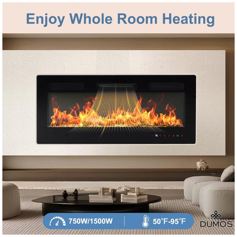 Lareira Elétrica DUMOS 107x46cm 1500W 13 Cores Chamas Touch Embutir 110V