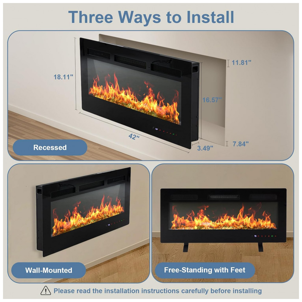 Lareira Elétrica DUMOS 107x46cm 1500W 13 Cores Chamas Touch Embutir 110V