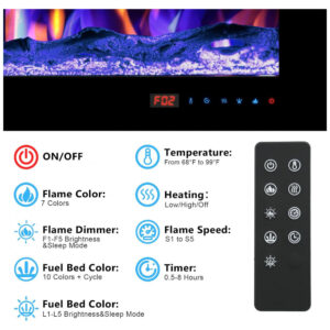 Lareira Elétrica Kentsky 106,7 cm 42 de Parede e Embutir Chama Ajustável 1500W Termostato e Timer Preto Ambiente Interno
