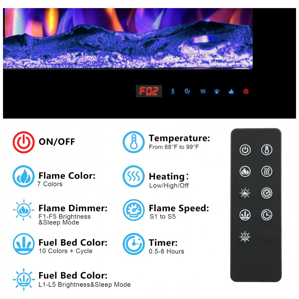 Lareira Elétrica Kentsky 106,7 cm 42 de Parede e Embutir Chama Ajustável 1500W Termostato e Timer Preto Ambiente Interno