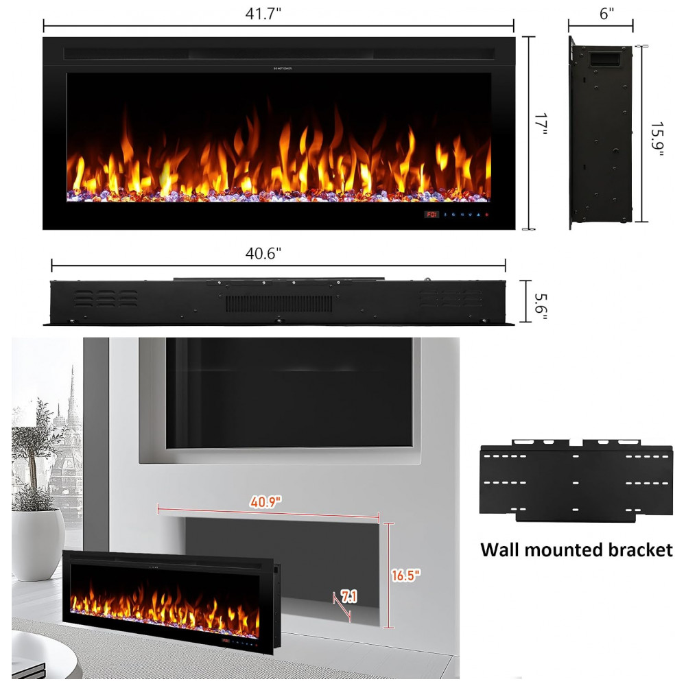 Lareira Elétrica Kentsky 106,7 cm 42 de Parede e Embutir Chama Ajustável 1500W Termostato e Timer Preto Ambiente Interno