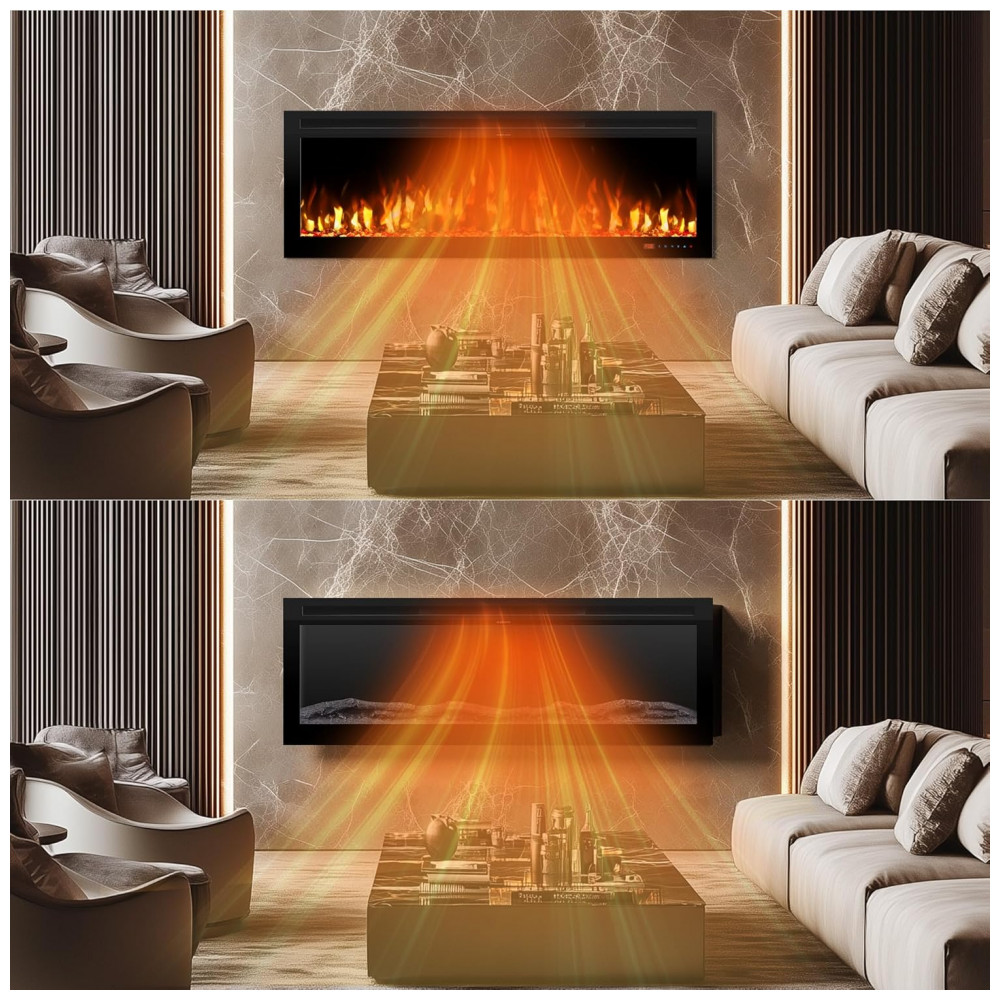 Lareira Elétrica Kentsky 106,7 cm 42 de Parede e Embutir Chama Ajustável 1500W Termostato e Timer Preto Ambiente Interno