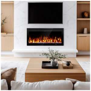 Lareira Elétrica Kentsky 106,7 cm 42 de Parede e Embutir Chama Ajustável 1500W Termostato e Timer Preto Ambiente Interno