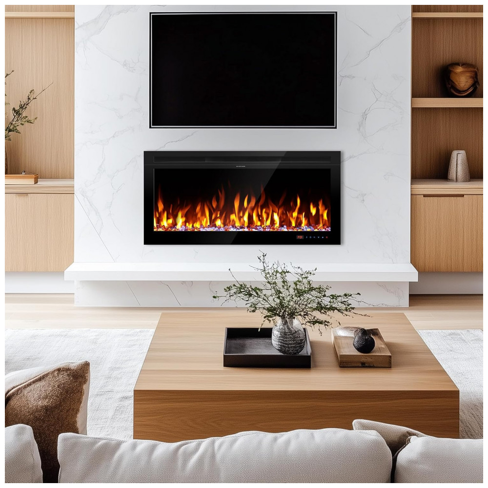Lareira Elétrica Kentsky 106,7 cm 42 de Parede e Embutir Chama Ajustável 1500W Termostato e Timer Preto Ambiente Interno
