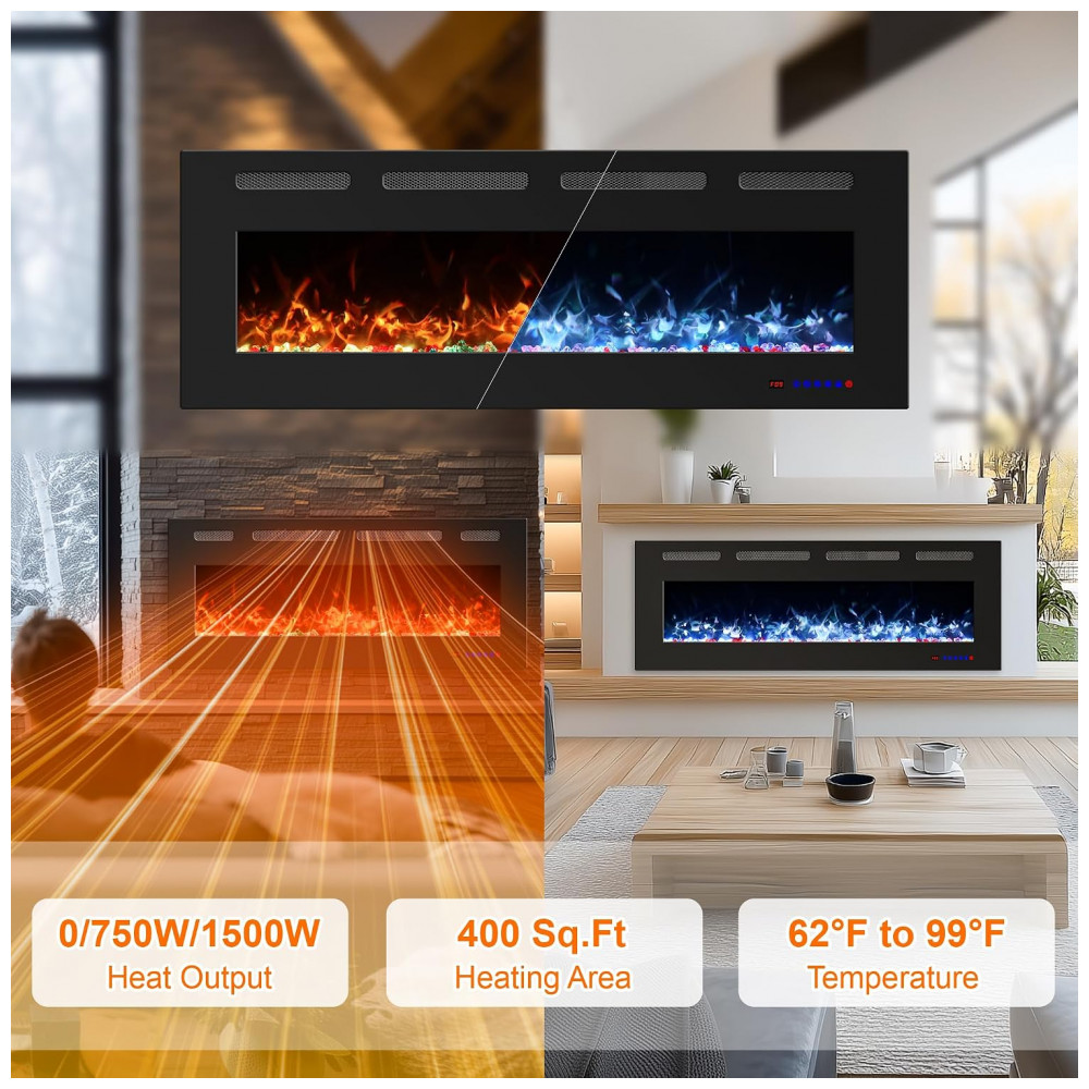 Lareira Elétrica Kentsky 107x45cm 1500W 13 Cores LED Touch Embutir 110V