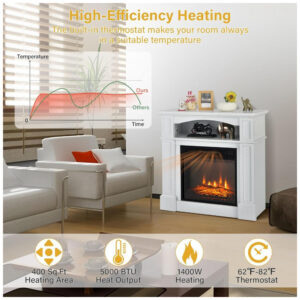 Lareira Elétrica OFFICEJOY 81x79cm 1400W Chamas Realistas Timer Portátil 110V