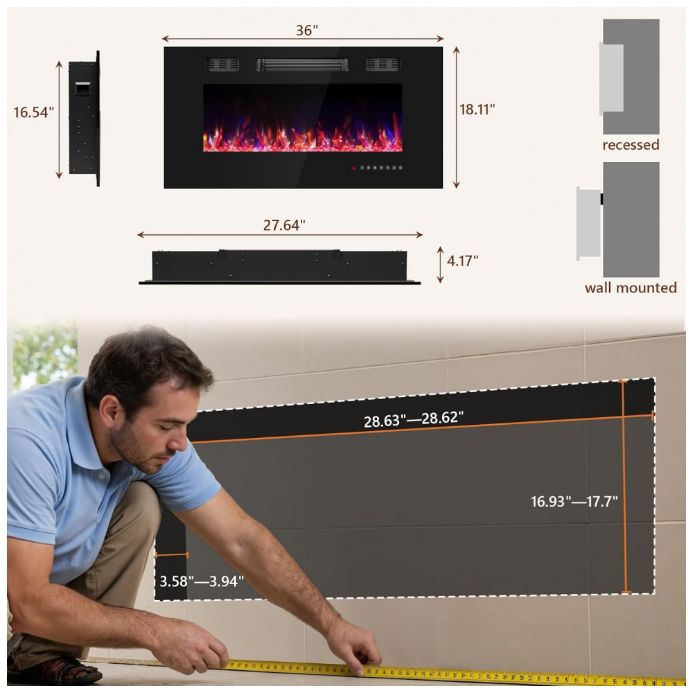 Lareira Elétrica Ariiles 91x46cm 1500W LED Multicolor Embutir 110V