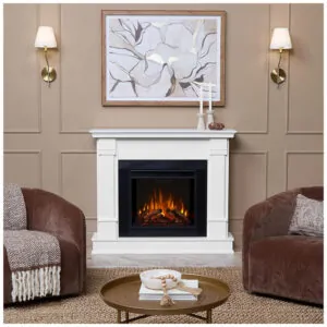 Lareira Elétrica Real Flame 122x104cm 1500W Chamas LED Móvel Branca 110V