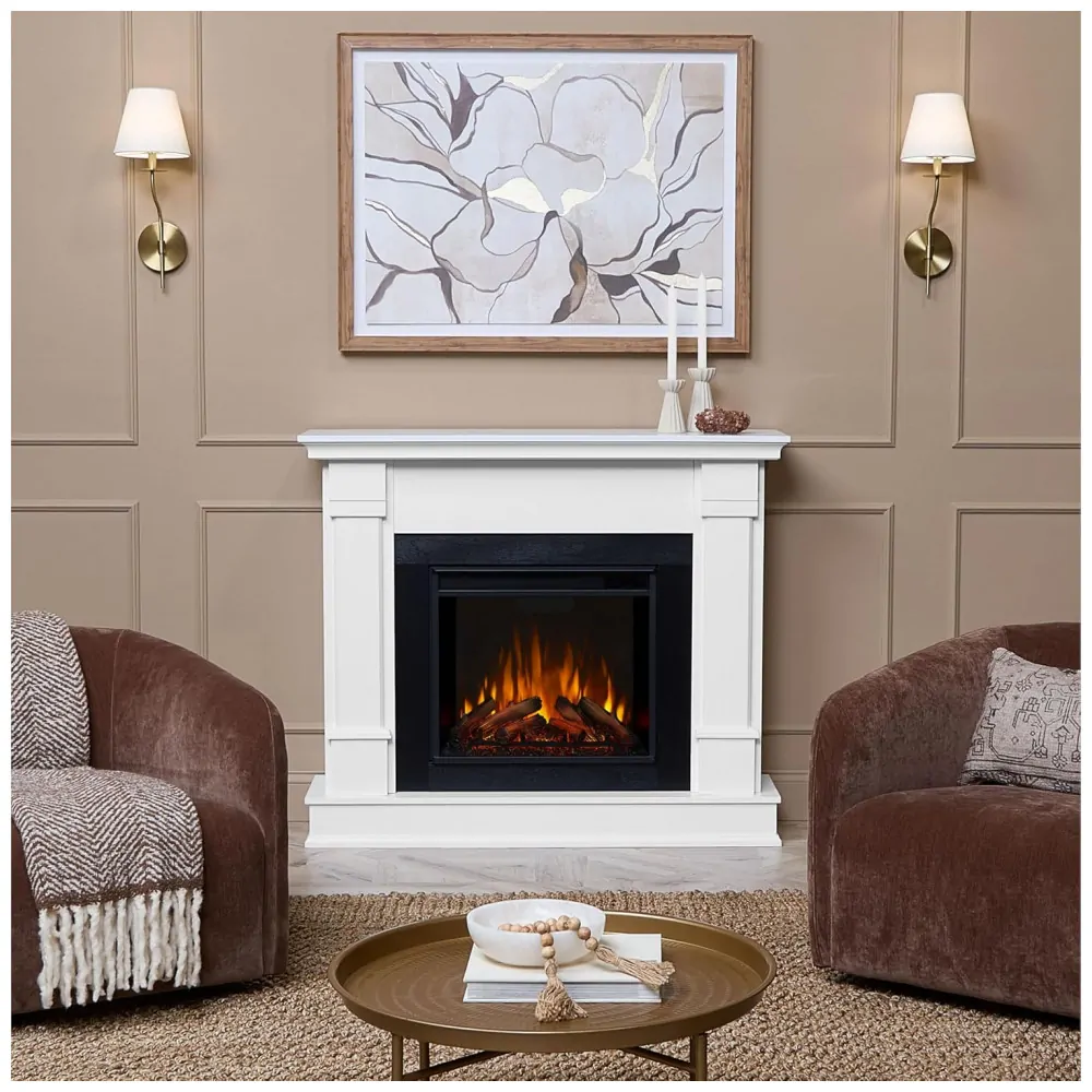 Lareira Elétrica Real Flame 122x104cm 1500W Chamas LED Móvel Branca 110V