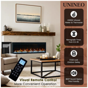 Lareira Elétrica Unineo 127x43cm 1500W Moldura Alumínio Chamas 3D Embutir 110V