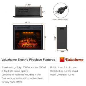Lareira Elétrica de Embutir A53x64L com Controle Remoto e Proteção contra Superaquecimento, 1500W, 110v, VALUXHOME EF23T, Preto