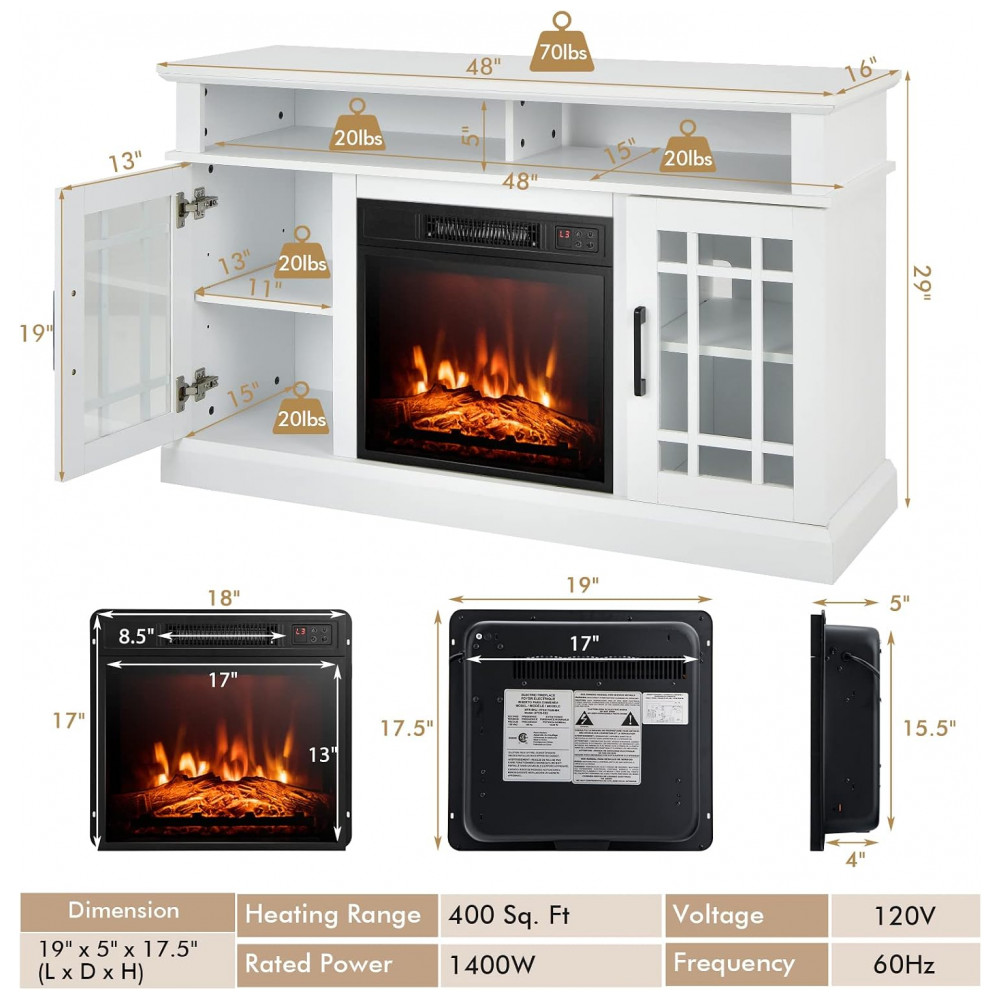 Lareira Elétrica Tangkula 122x41x74cm 1400W Chamas 3D Rack TV 50pol 110V