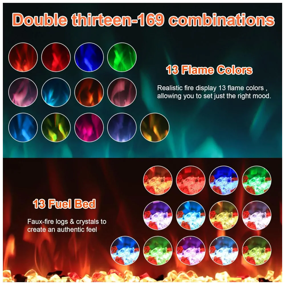 Lareira Elétrica Carsynflame 107x45cm 1500W 169 Cores Chamas WiFi Embutir 110V