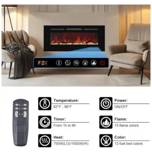 Lareira Elétrica Carsynflame 107x45cm 1500W 169 Cores Chamas WiFi Embutir 110V