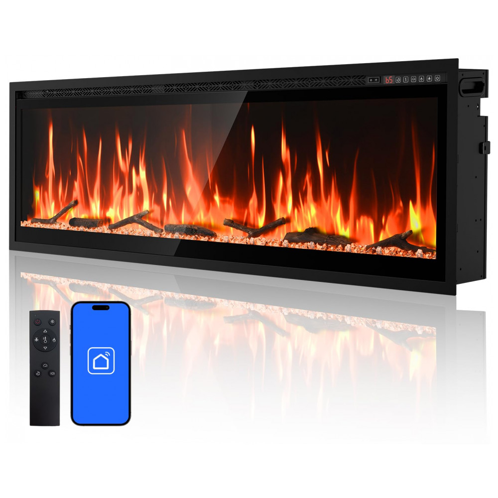 Lareira Elétrica Rresyet 152x49cm 1400W WiFi Alexa Chamas LED Embutir 110V
