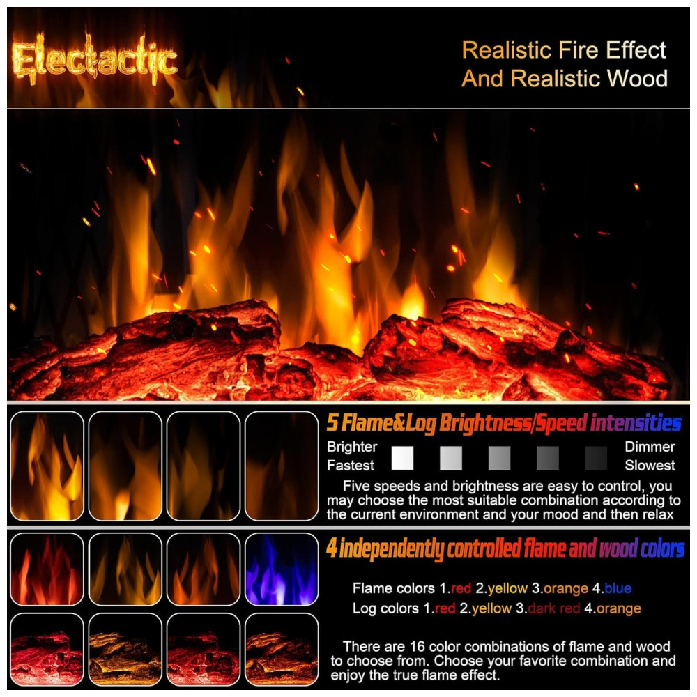 Lareira Elétrica Electactic 60x27x62cm 1500W Chamas 3D LED Portátil 110V