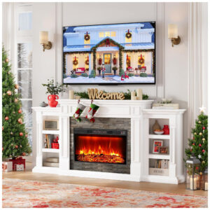 Lareira Elétrica Naice 183x95cm 1500W Chamas 3D LED Rack TV Branco 110V