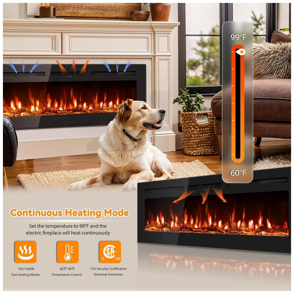 Lareira Elétrica Manastin 127x43cm 1500W WiFi 12 Cores LED Embutir 110V