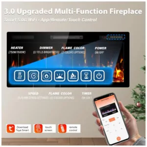 Lareira Elétrica Kucreiheat 107x46cm 1500W WiFi Alexa Som Crepitante Embutir 110V