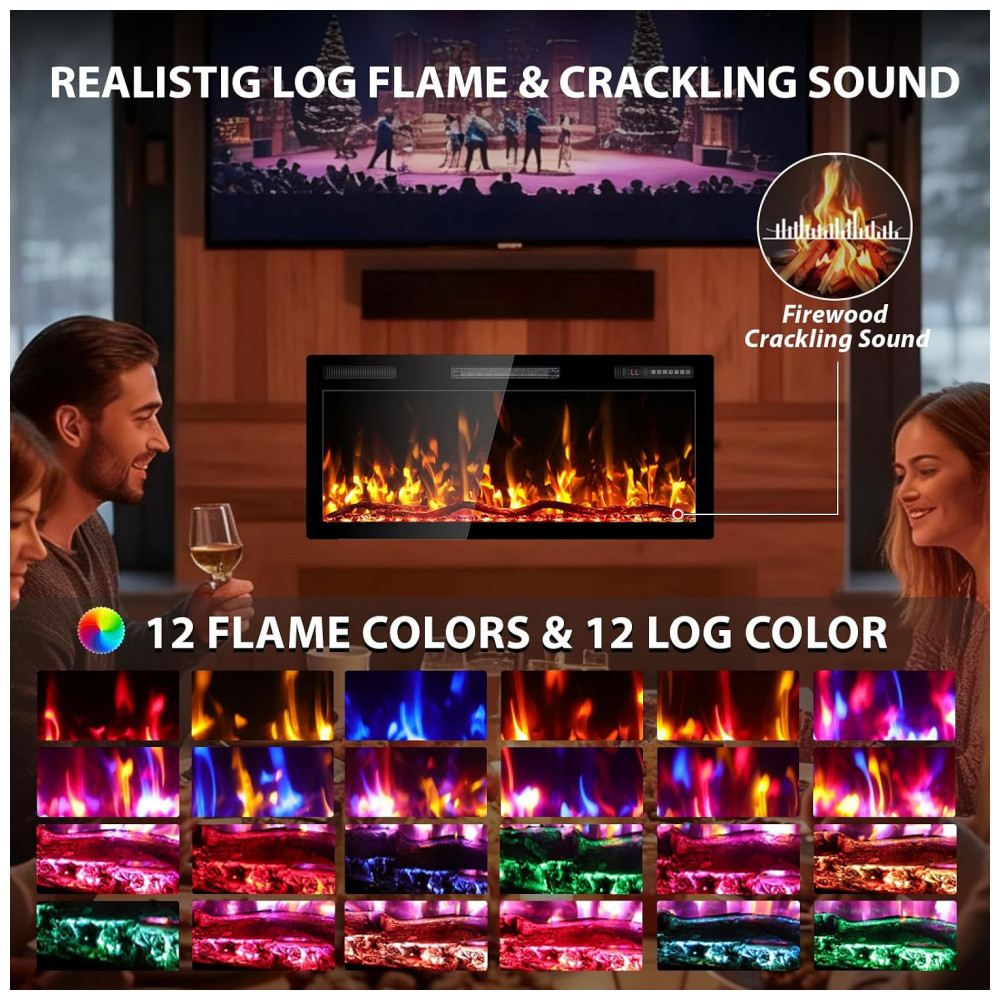 Lareira Elétrica Kucreiheat 107x46cm 1500W WiFi Alexa Som Crepitante Embutir 110V