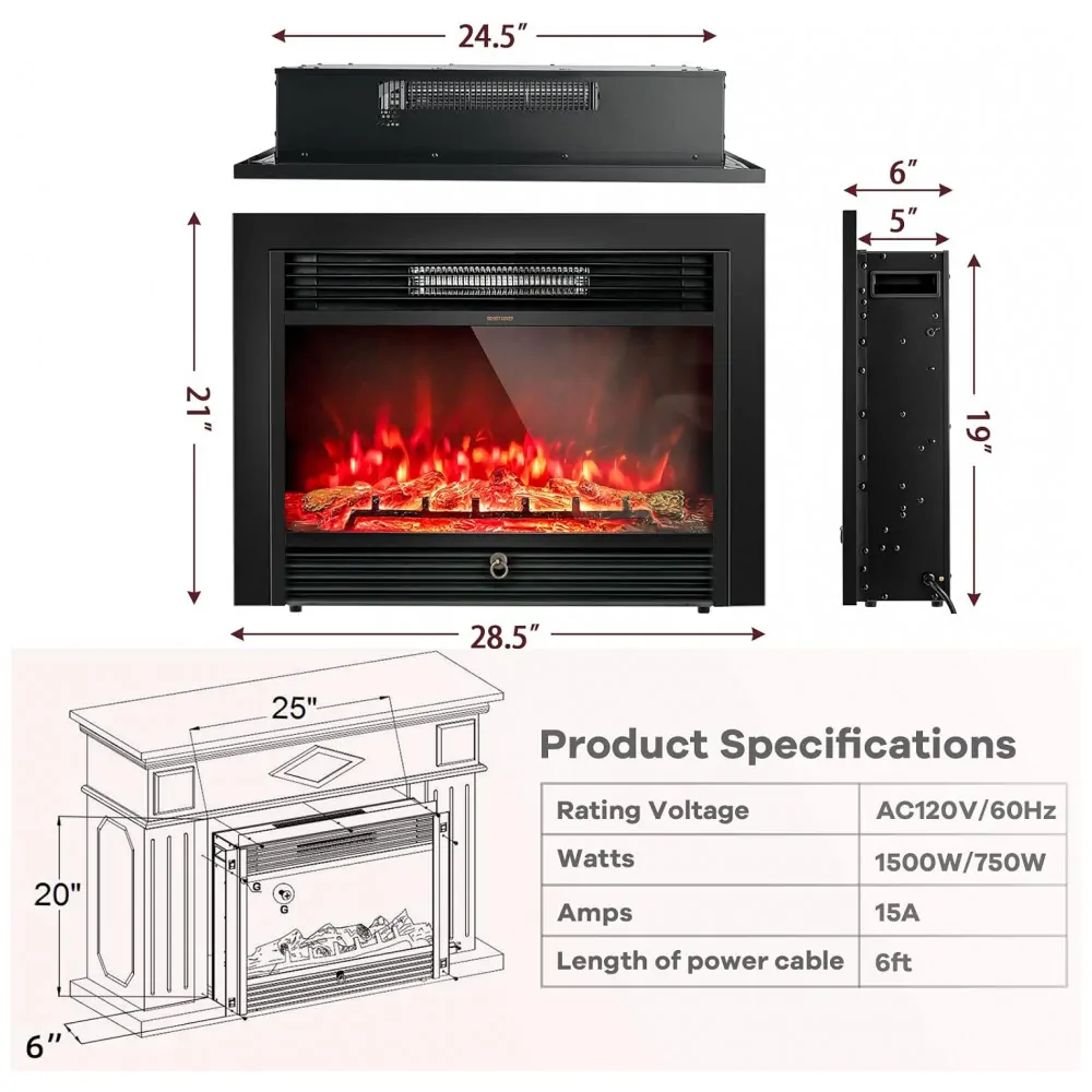Lareira Elétrica Glacer 72x53cm 1500W Chamas 3 Cores Timer Embutir 110V