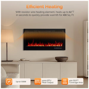 Lareira Elétrica ROVSUN 91x47cm 1500W WiFi Alexa 12 Cores LED Embutir 110V