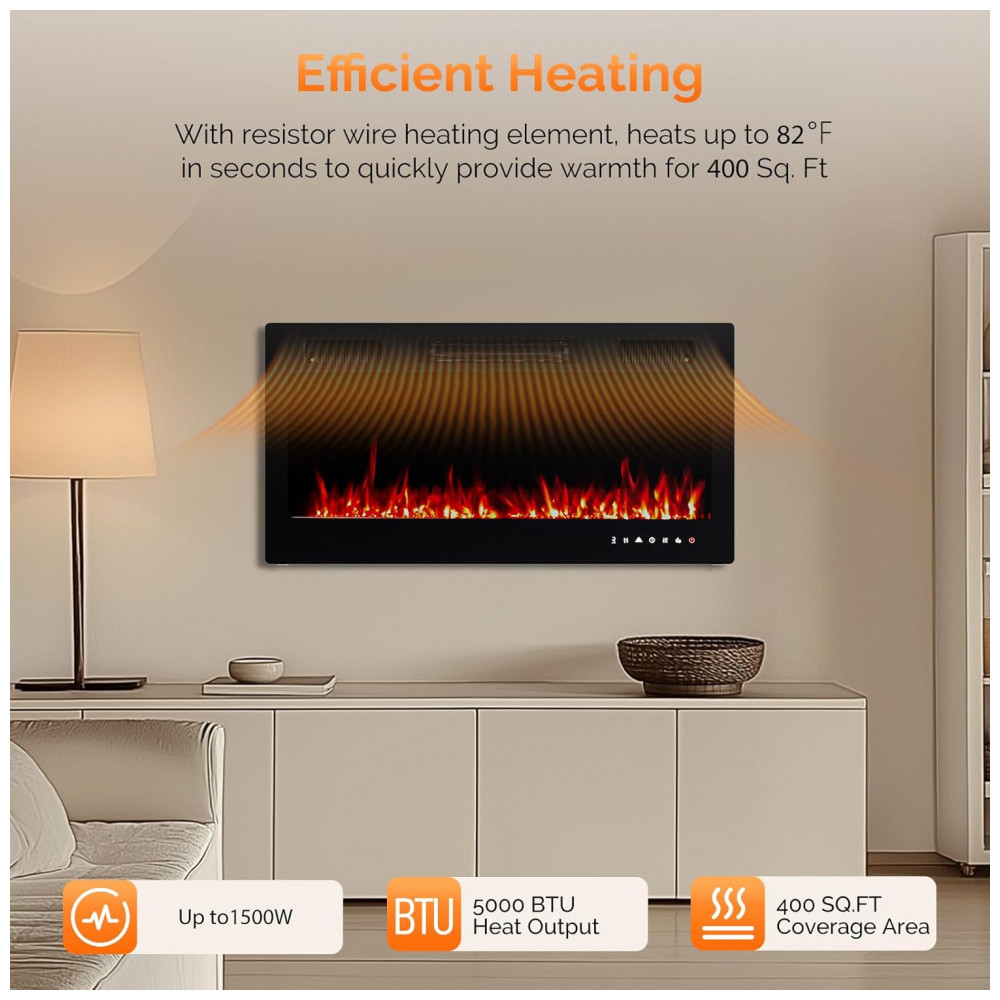 Lareira Elétrica ROVSUN 91x47cm 1500W WiFi Alexa 12 Cores LED Embutir 110V