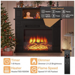 Lareira Elétrica PRETZI 110x101cm 1500W Chamas LED 12 Cores Portátil 110V
