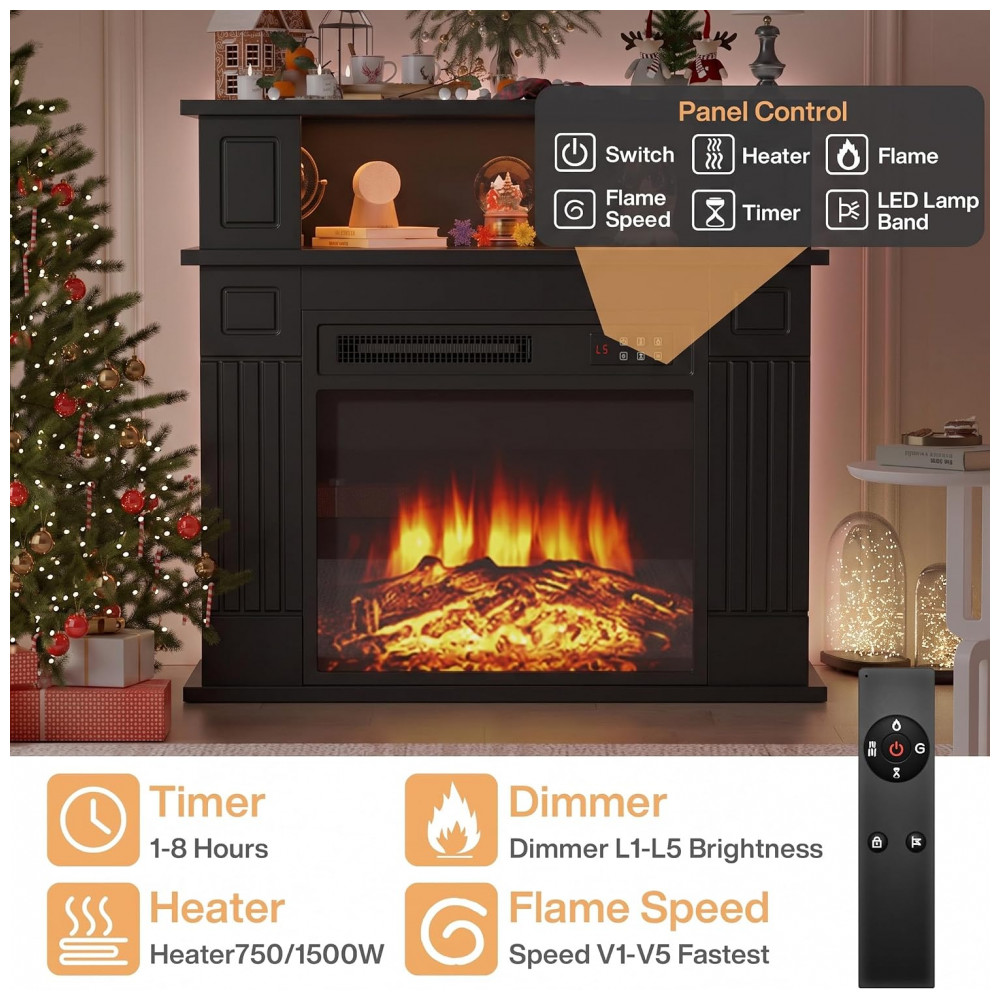 Lareira Elétrica PRETZI 110x101cm 1500W Chamas LED 12 Cores Portátil 110V