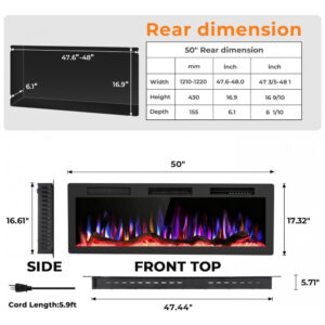 Lareira Elétrica R.W.FLAME 127x44cm 1500W WiFi Alexa Sons Embutir 110V