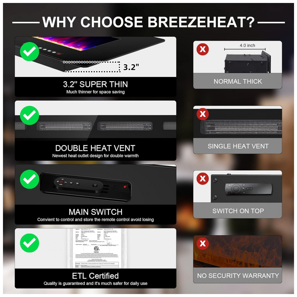 Lareira Elétrica Breezeheat 107x46cm 1500W 12 Cores LED Touch Screen 110V