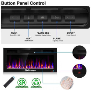 Lareira Elétrica Sixfivsevn 91x41cm 1500W 12 Cores LED Timer Embutir 110V