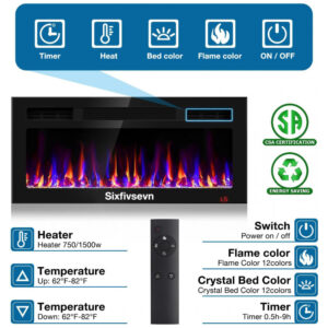 Lareira Elétrica Sixfivsevn 91x41cm 1500W 12 Cores LED Timer Embutir 110V